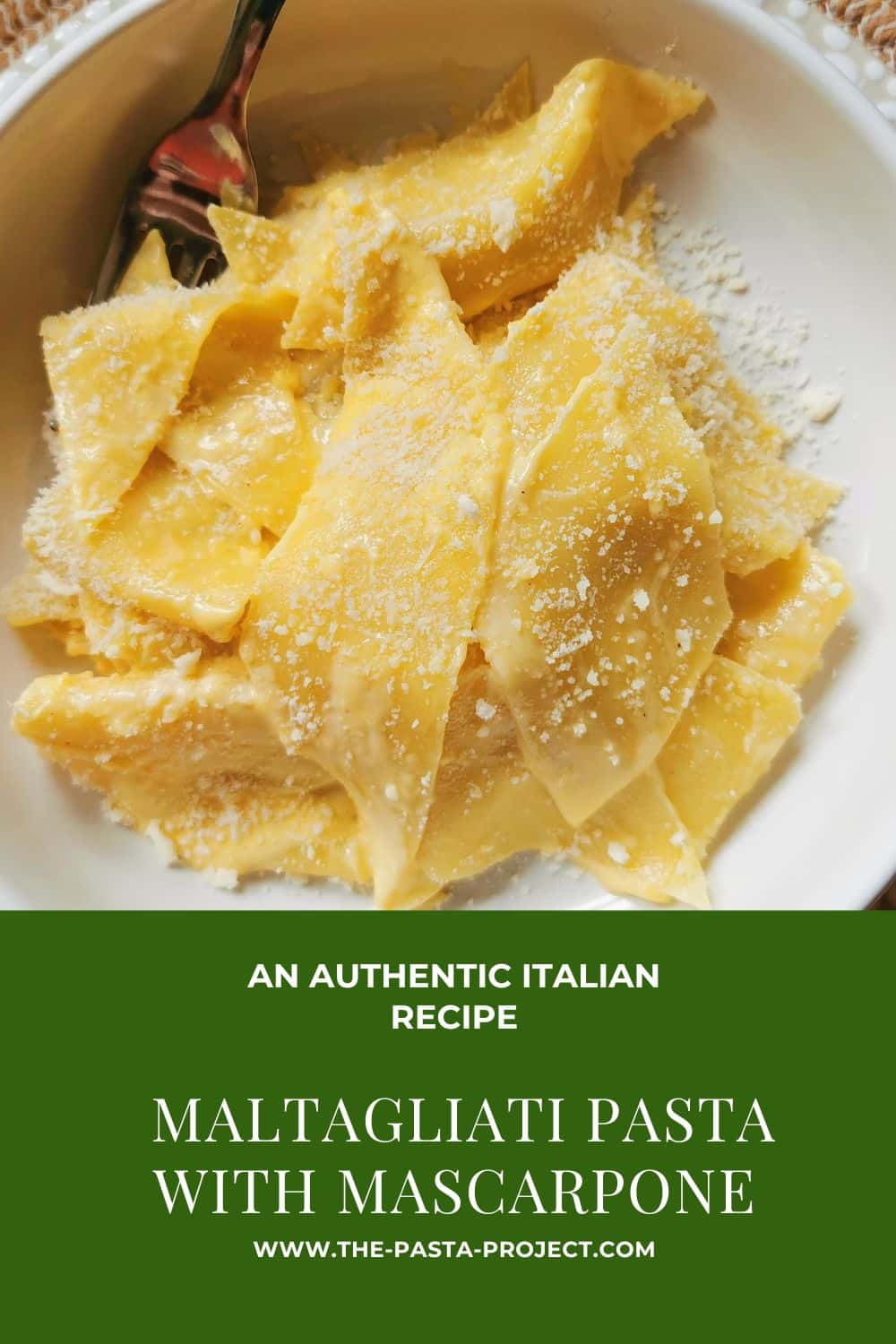 Verticle image of pasta with mascarpone to pin to Pinterest.