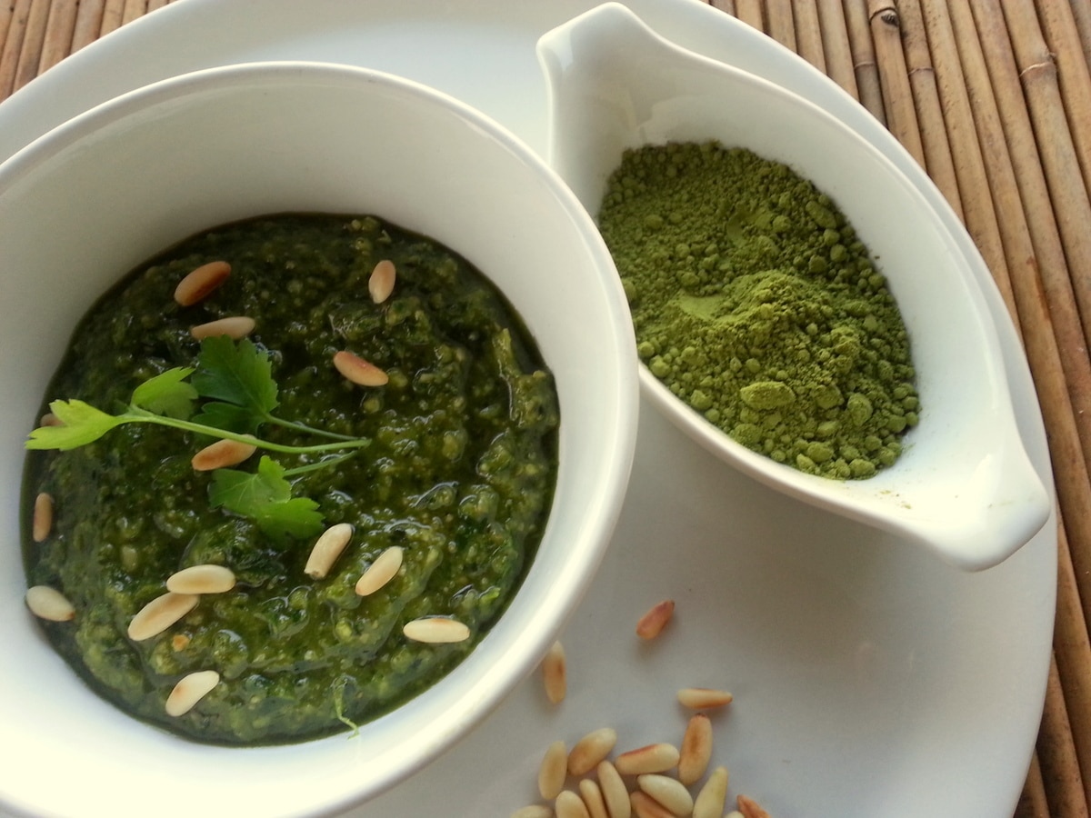 Matcha pesto next to match powder.