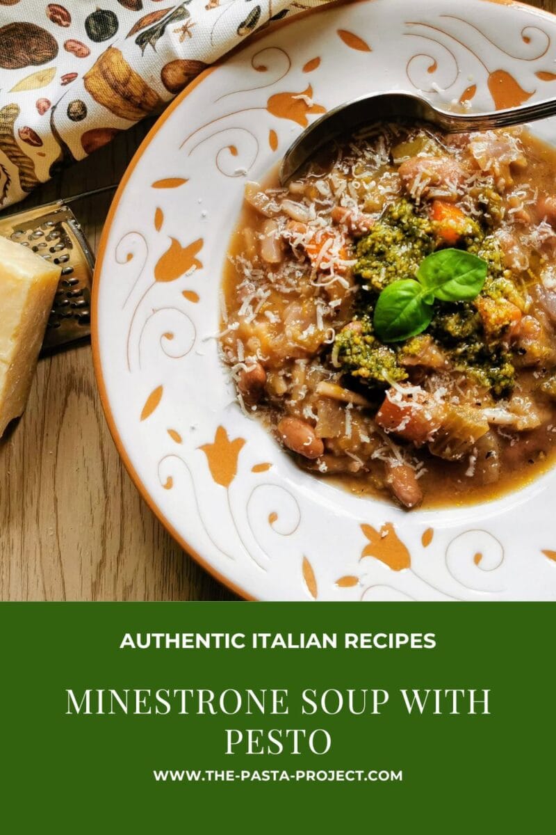 Verticle pinterest image with text of minestrone with pesto.