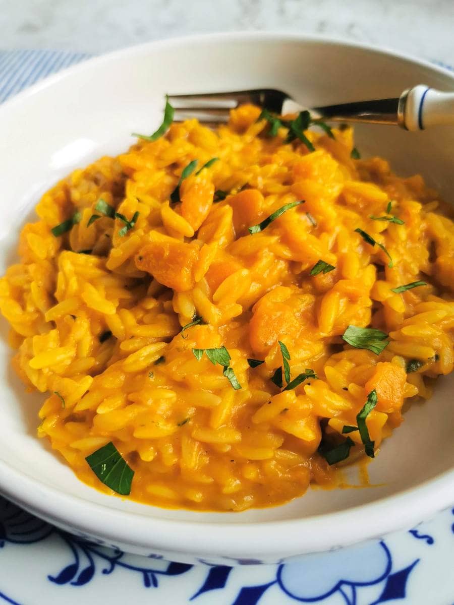 Pumpkin pasta risotto in a bowl with a fork.
