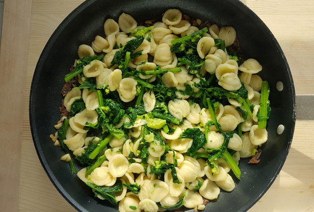 Orecchiette with Broccoli Rabe (rapini) in frying pan