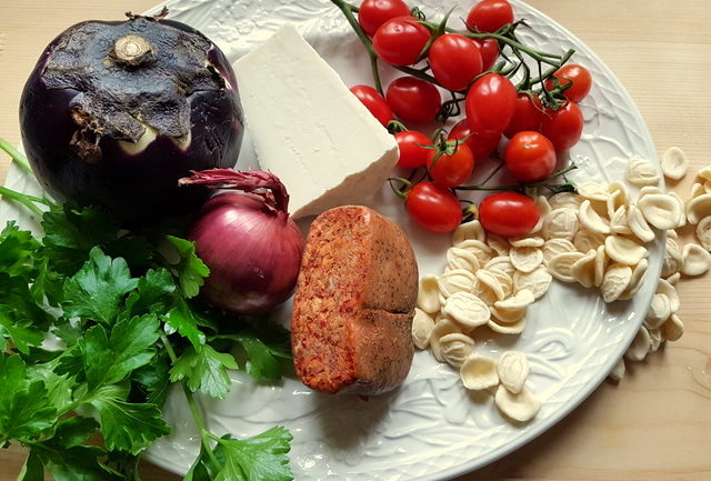 ingredients for Orecchiette with Nduja and eggplant (aubergine)