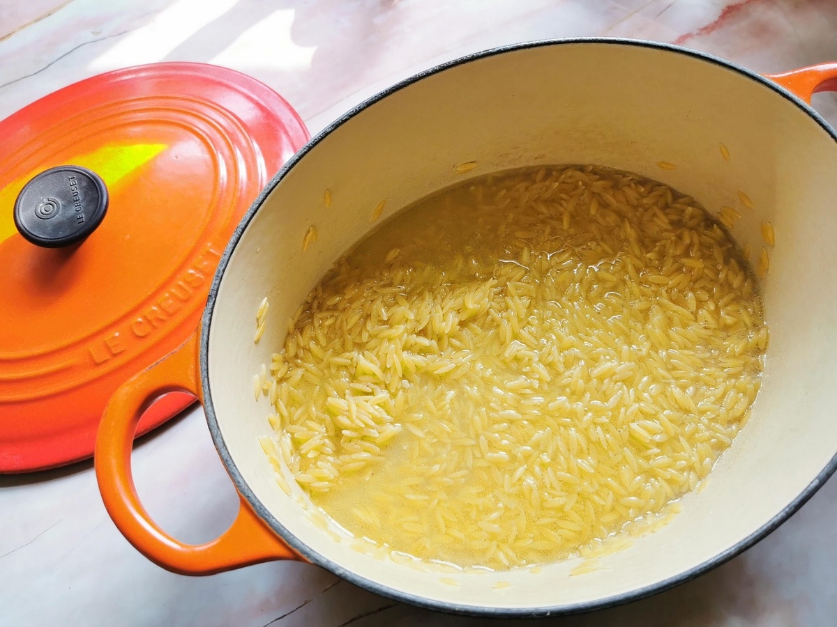 Orzo pasta and broth in Dutch oven.