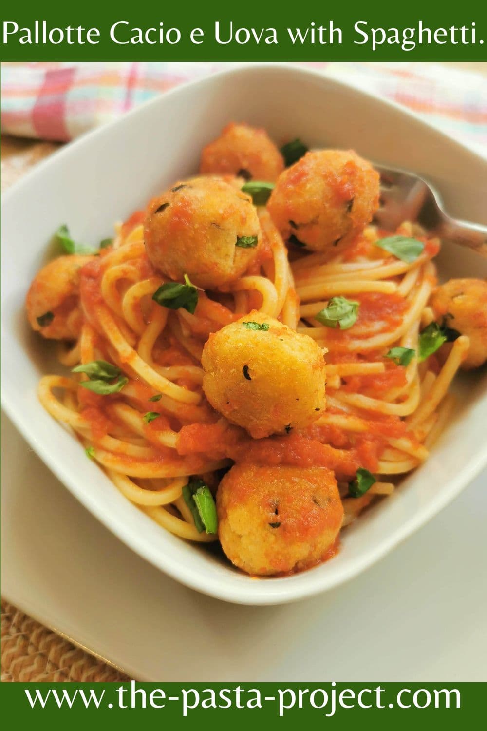 Verticle Pinterest image of pallotte cacio e ova with spaghetti.