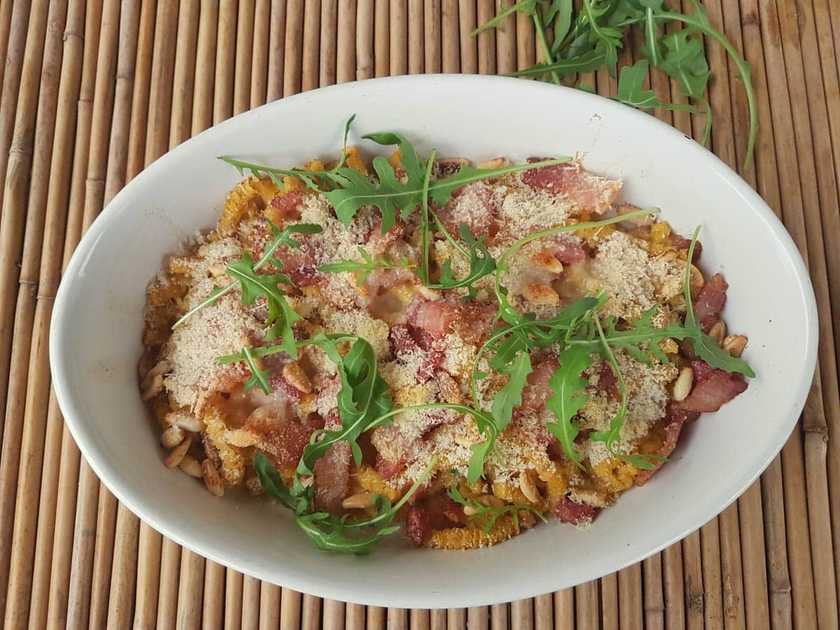 Baked Passatelli with Pancetta & Pine nuts