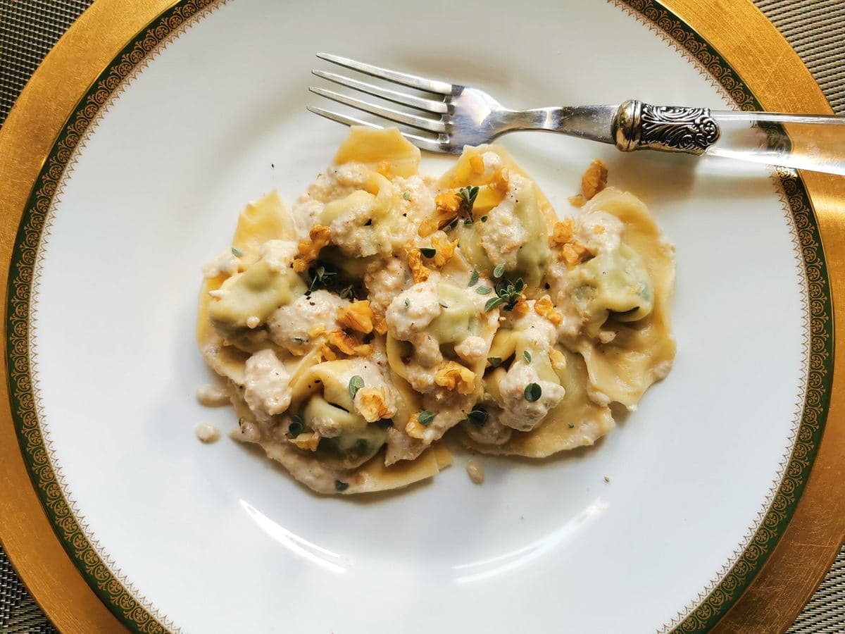 Pansotti pasta served with walnut sauce.