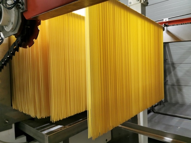 spaghetti on production line at Pasta Mancini