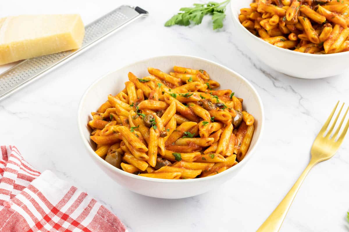 Mediterranean penne pasta in a bowl