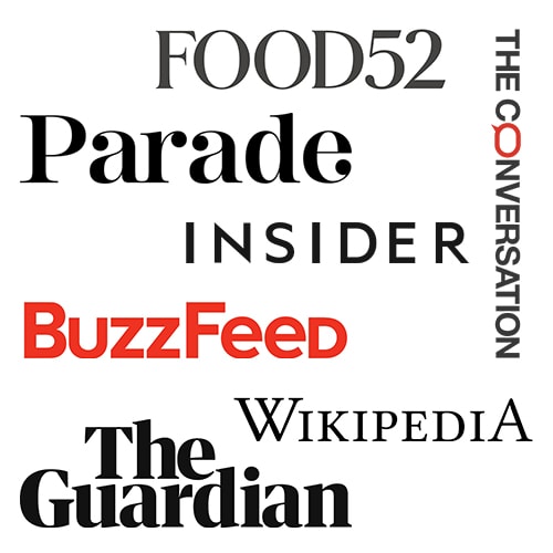 A few website logos showing where the pasta project has been featured in: Insider, Wikipedia, Food52, Buzzfeed, The Guardian, Parade