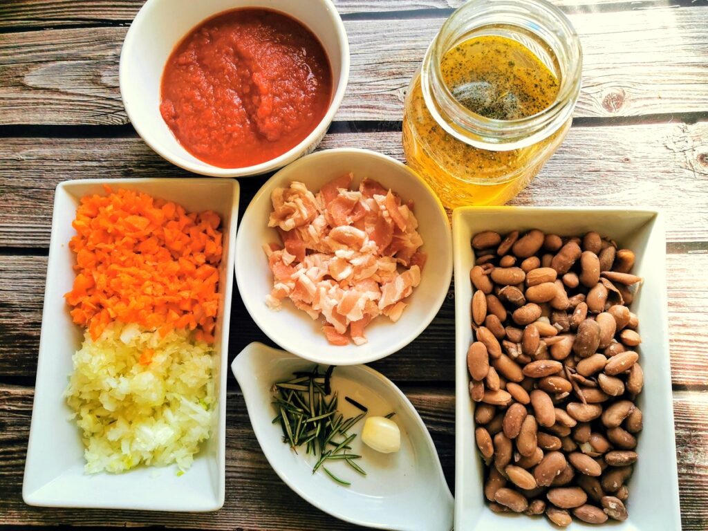 Ingredients for pasta and beans prepared for cooking.