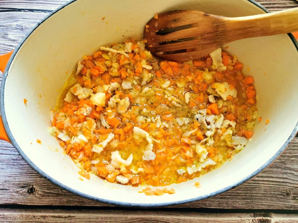 chopped onions, carrots and celery added to Dutch oven