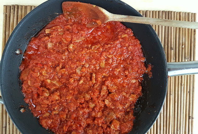 Pasta with Lamb ragu Molisano sauce in frying pan