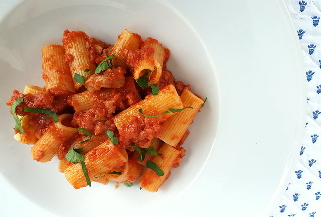 Pasta with Lamb ragu Molisano in white bowl