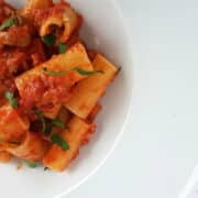 Pasta with Lamb ragu Molisano close up in white bowl