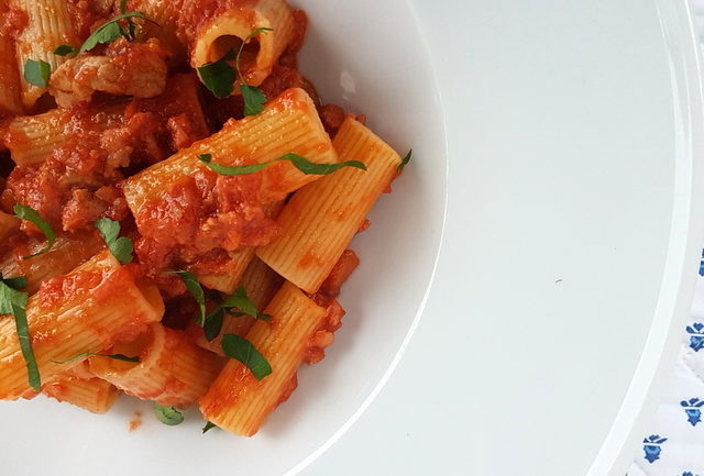 Pasta with Lamb ragu Molisano close up in white bowl