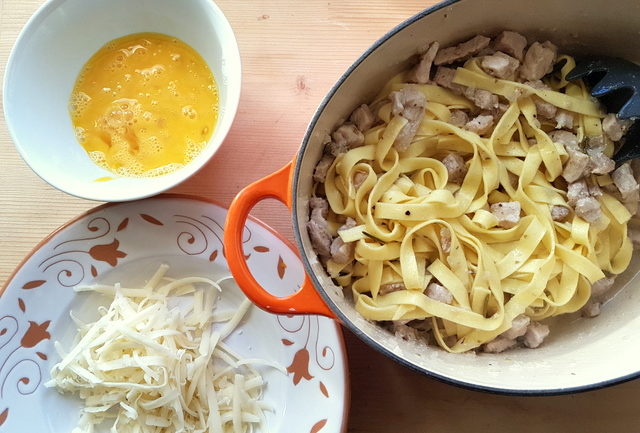 Tagliatelle Pasta with cinnamon spiced pork ragu in Dutch oven