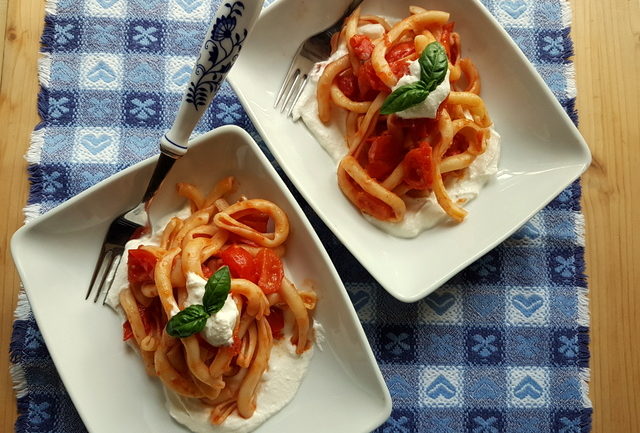Spaccatelle with homemade tomato sauce and creamed ricotta