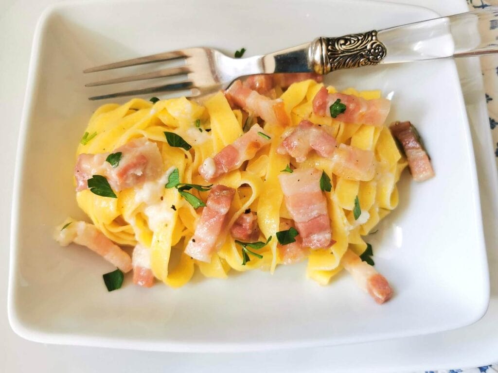 Pasta with pancetta (fettuccine all’Abruzzese).