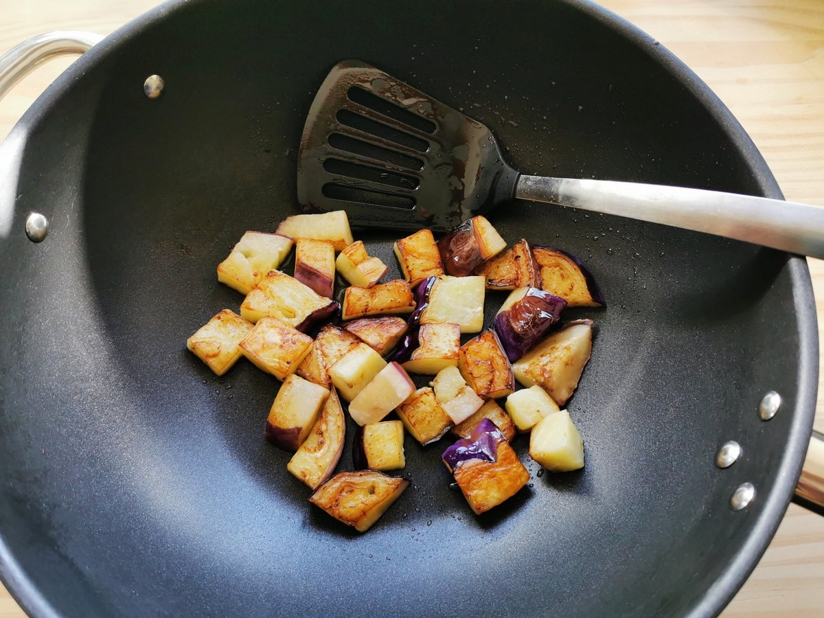 Fried eggplant in a pan.