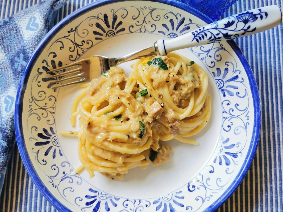 Pasta with tuna carbonara.