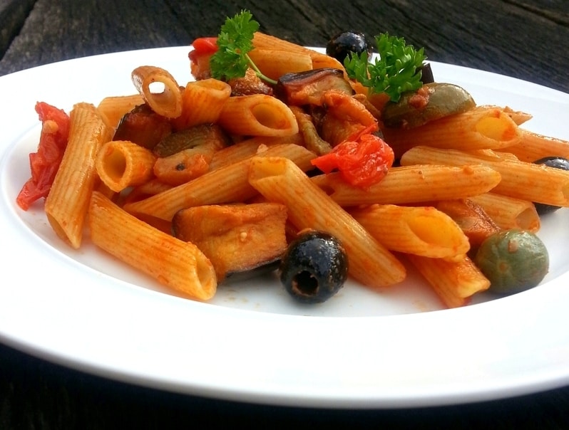 penne with aubergine/eggplant and pine nuts