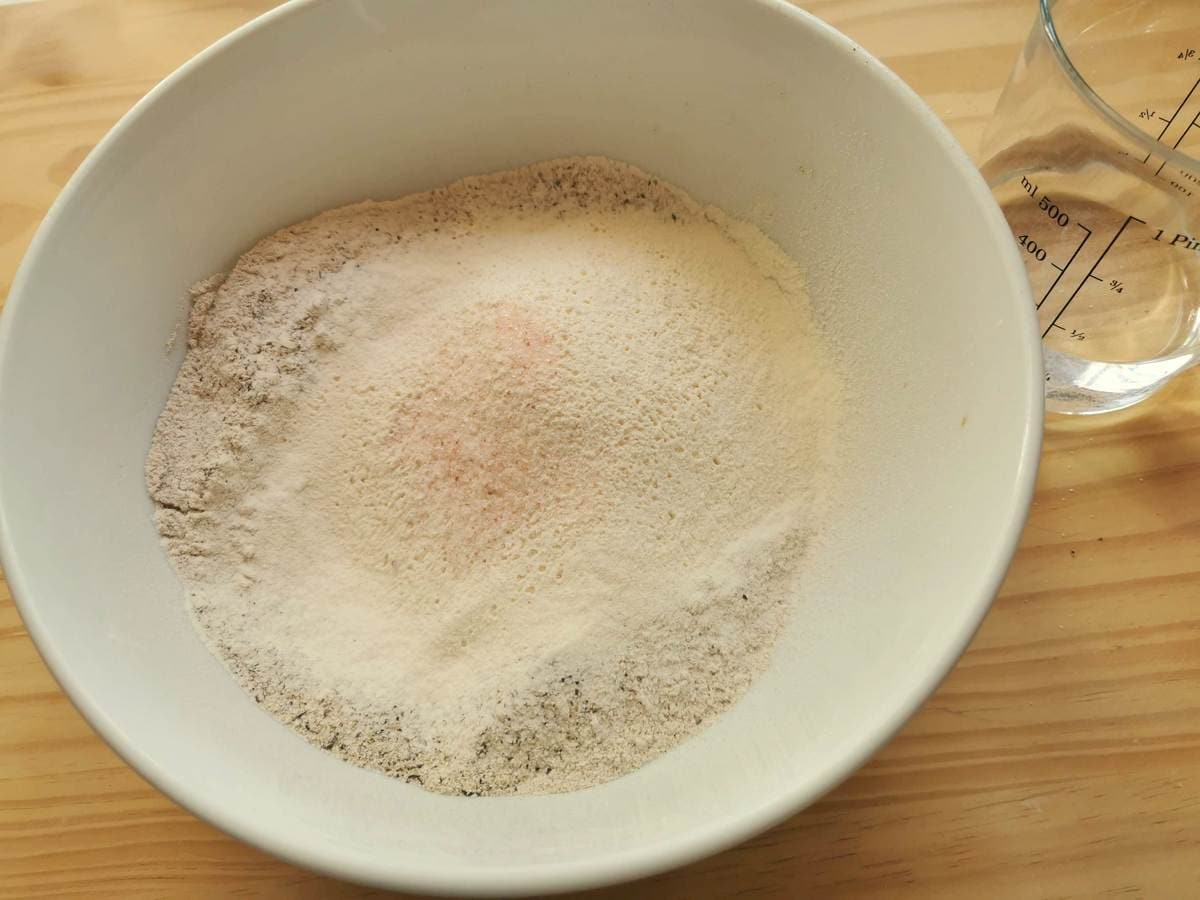 Buckwheat flour, soft wheat flour and salt in large bowl.