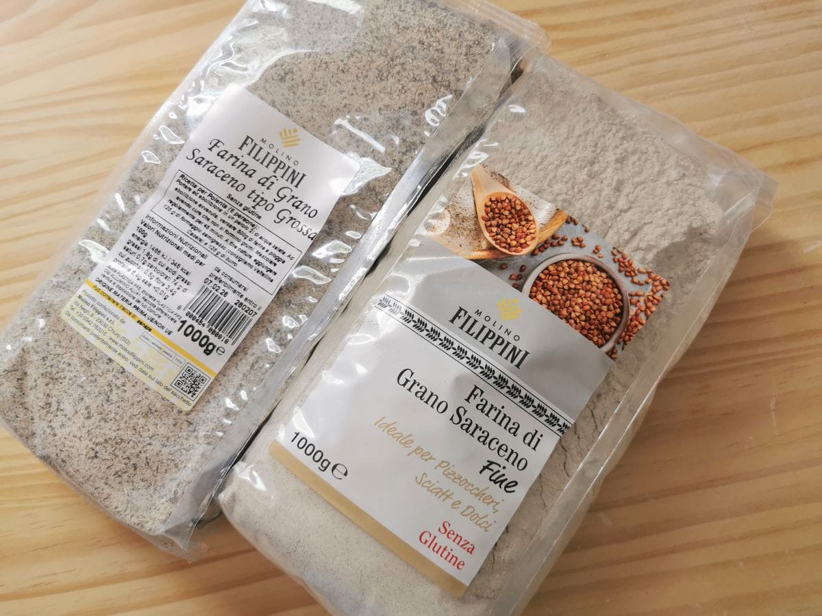 Bags of two types of buckwheat flour from Molino Filippini in Valtellina.