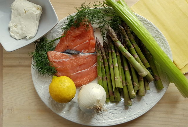 Poached salmon and asparagus lasagne al forno ingredients