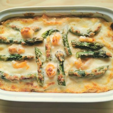poached salmon and asparagus lasagne al forno.