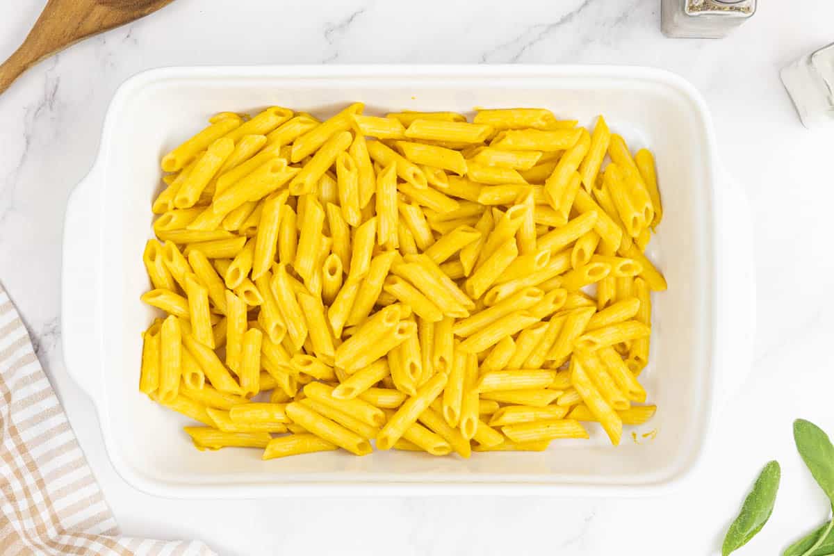 Pumpkin pasta layered in a baking dish