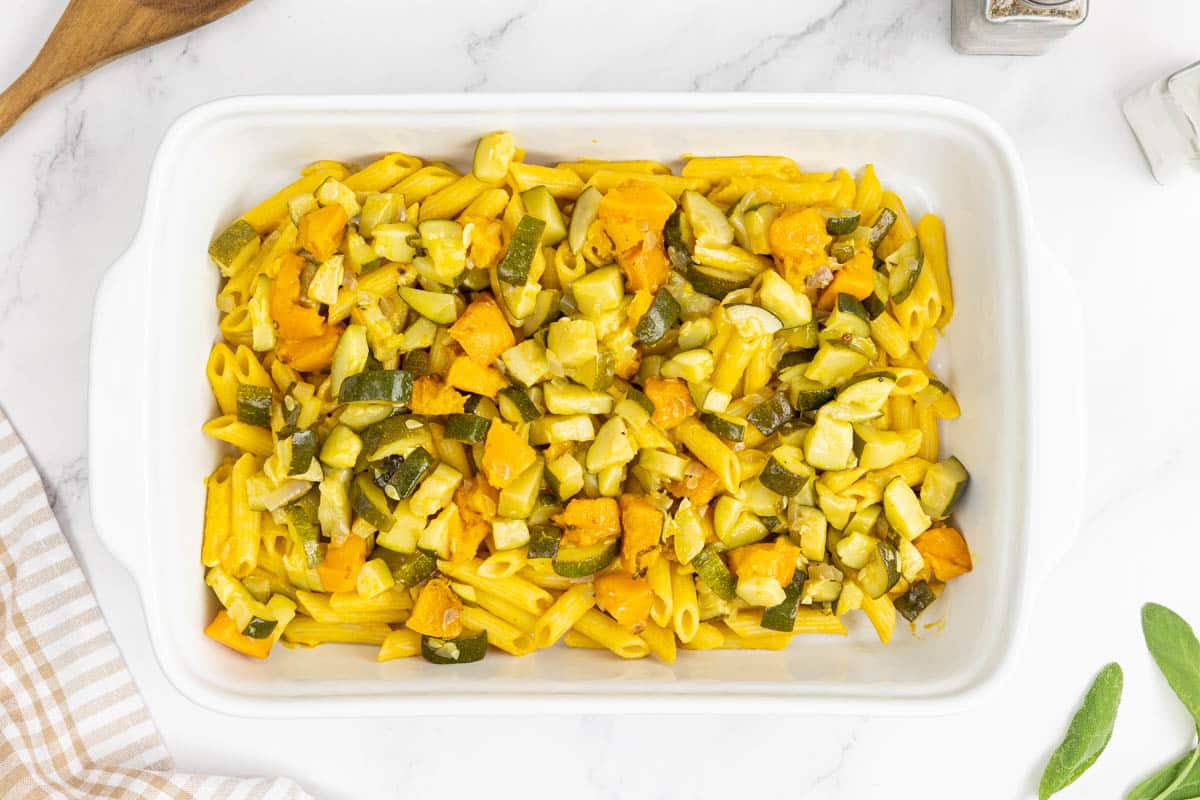 Baked pumpkin, zucchini and red onions layered on the pumpkin pasta