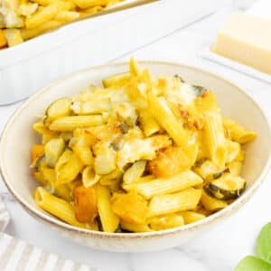 Baked pumpkin pasta served in a bowl