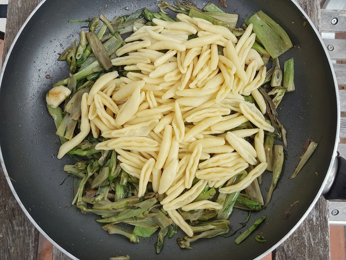 Cooked puntarelle in a pan with pasta.