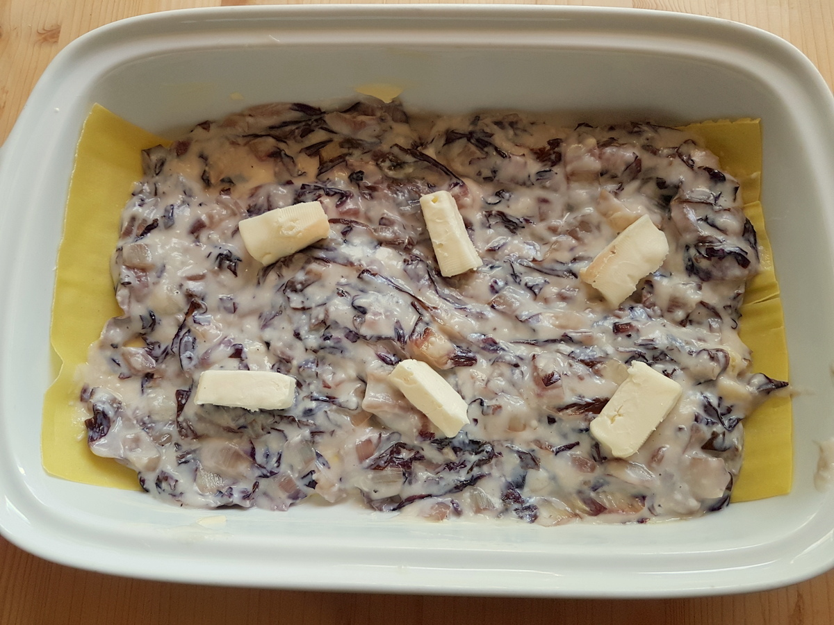 Fresh lasagne sheets in white oven dish with radicchio and bechamel mixture and pieces of taleggio on top.