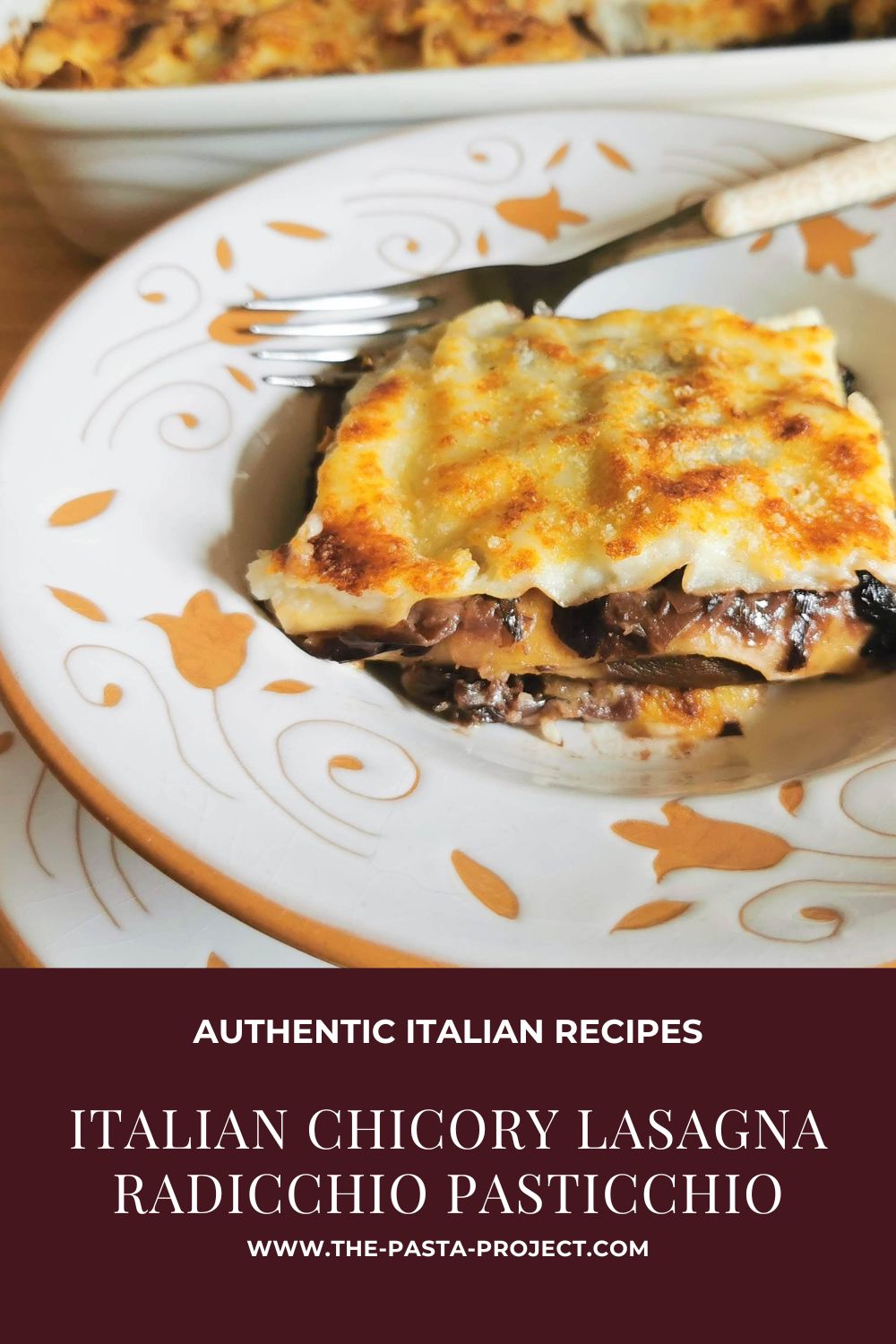 Verticle image with text for Pinterest of Italian chicory lasagna (radicchio pasticchio)