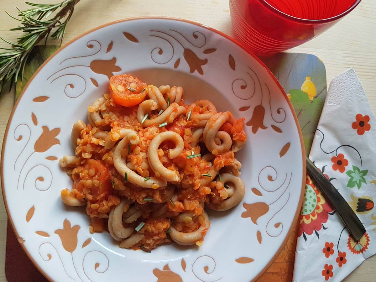 Red lentil ragu with whole wheat pasta.