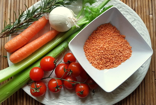 Red lentil ragu with whole-wheat pasta ingredients