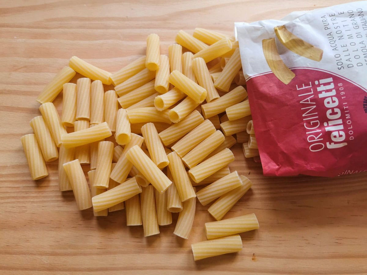 Dried rigatoni pasta tubes made by Felicetti.