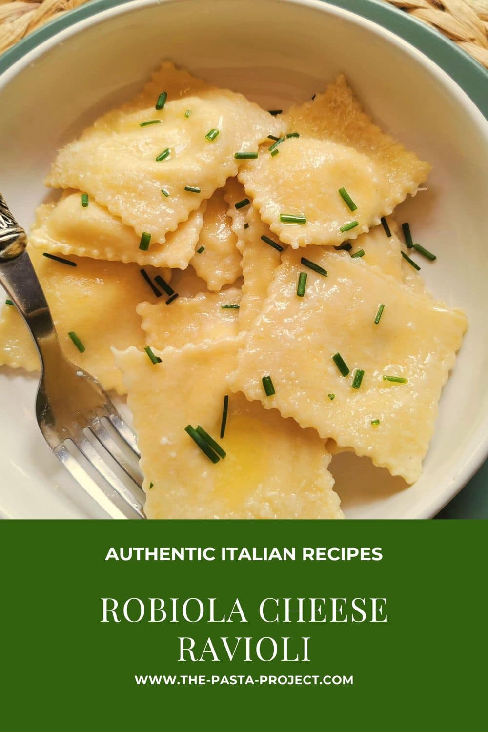 Verticle pinterest image of robiola cheese ravioli.