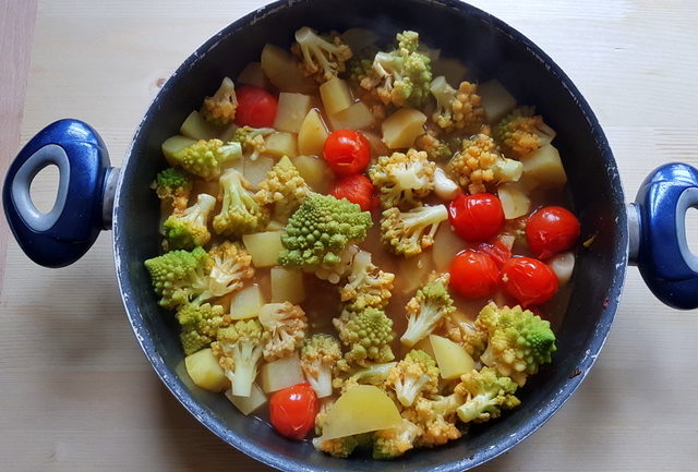 Romanesco broccoli pasta soup ingredients cooking in frying pan