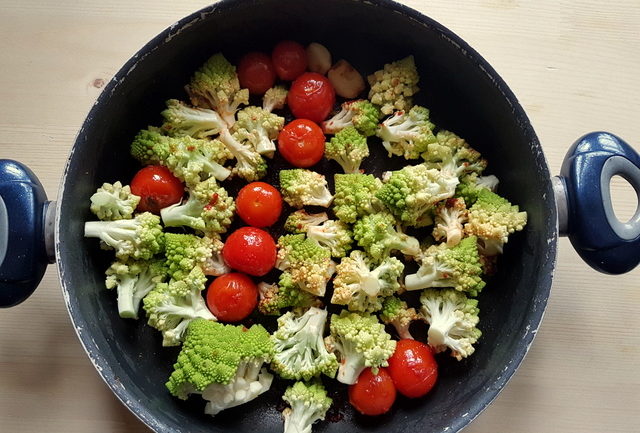 Romanesco broccoli pasta soup ingredients in frying pan