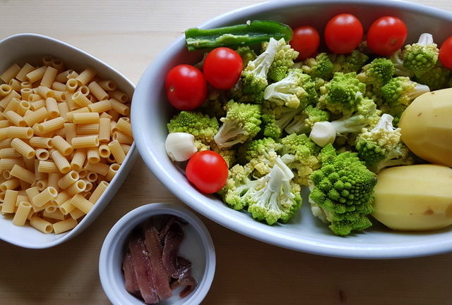 Romanesco broccoli pasta soup prepared ingredients