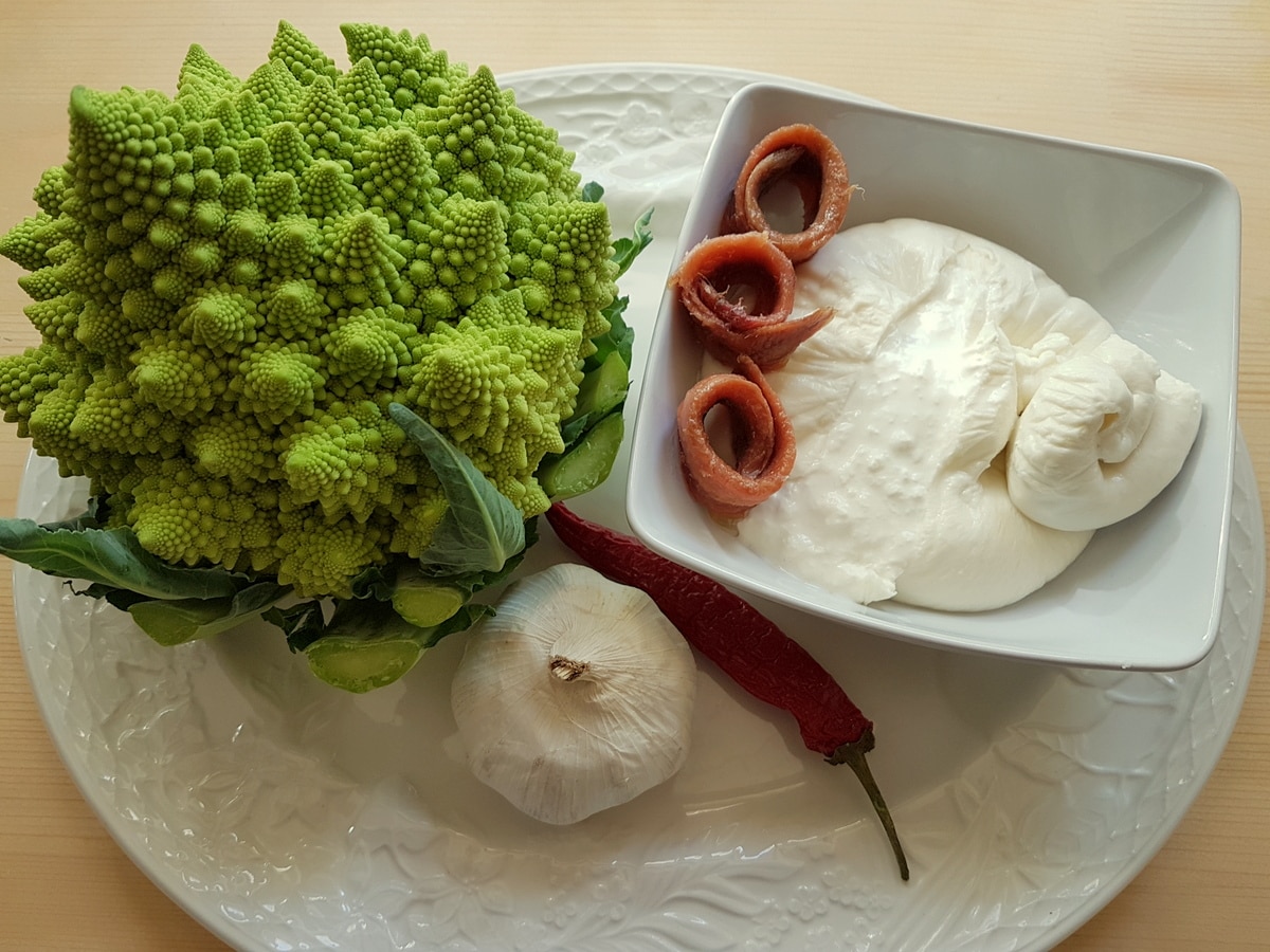 Romanesco broccoli recipe ingredients on a table.