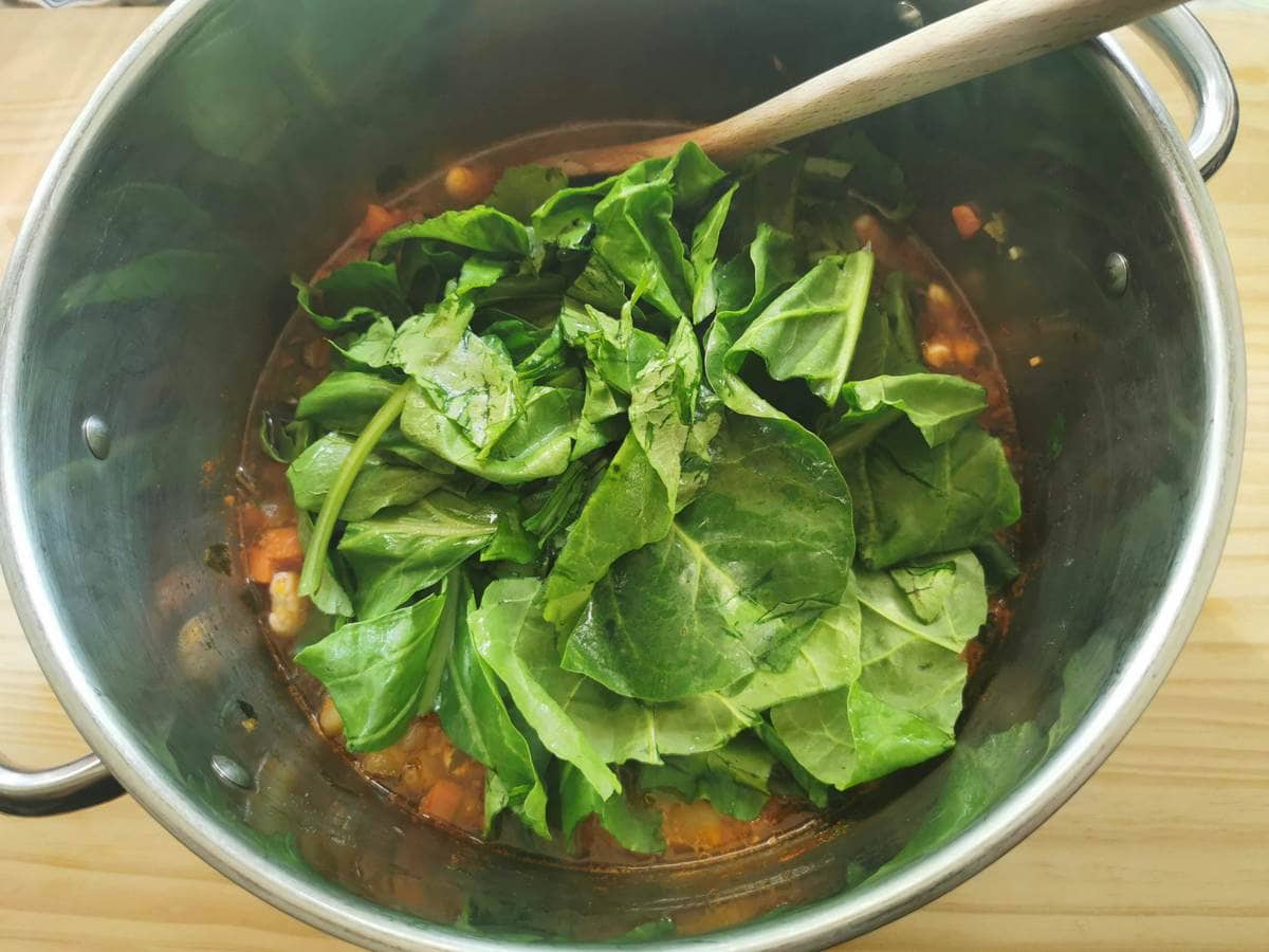Chard leaves added to large pot with Sardinian longevity minestrone.