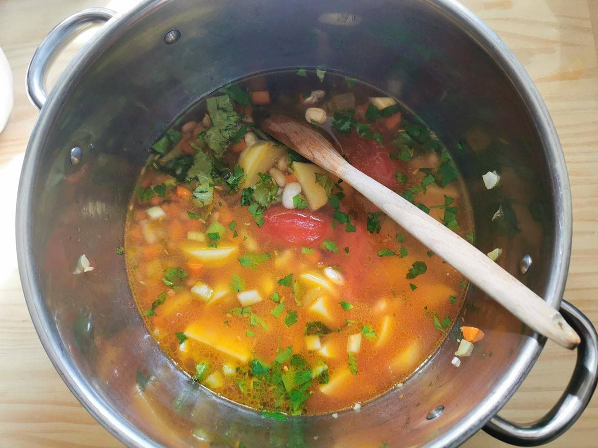 Ingredients for Sardinian minestrone cooking covered in water in large pot.