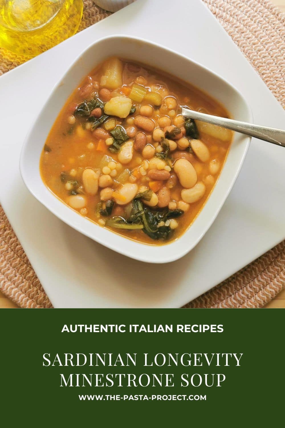 Pinterest verticle image for Sardinian  longevity minestrone soup.