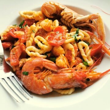 Sardinian lorighittas pasta with prawns and scampi.