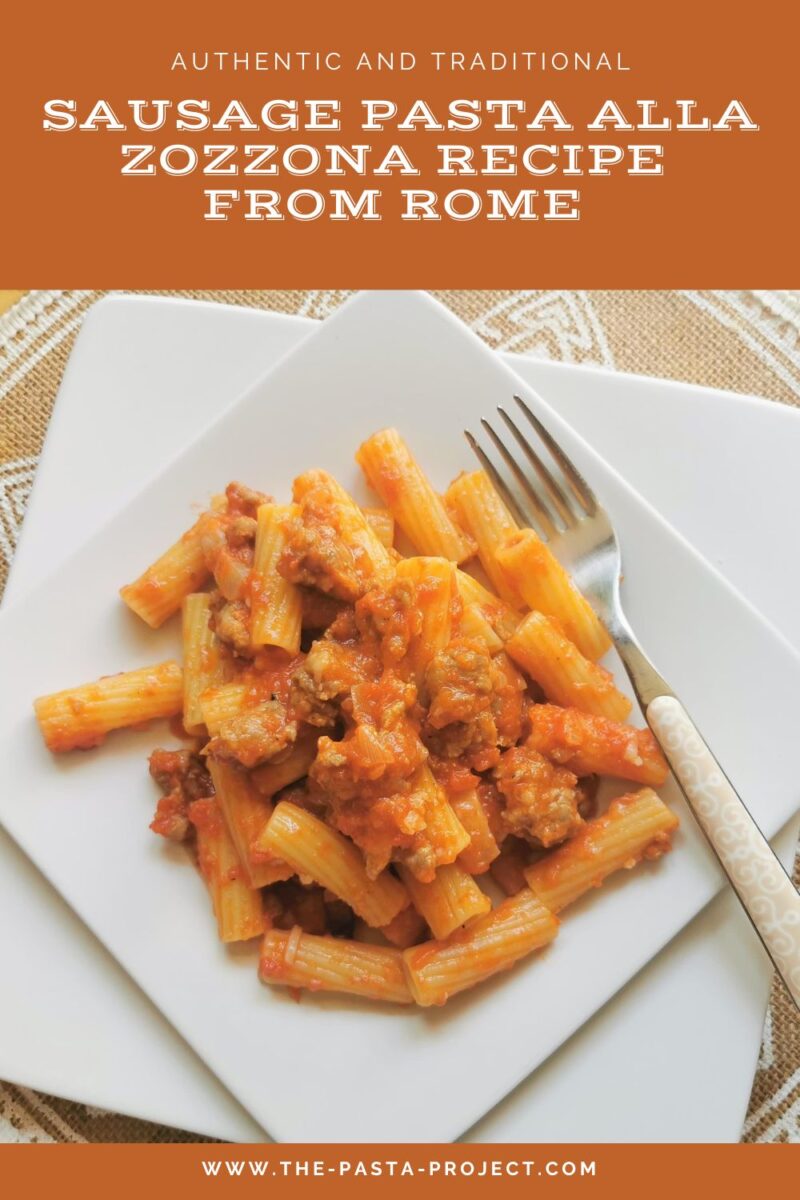 Verticle image with text for Pinterest of sausage rigatoni alla zozzona.