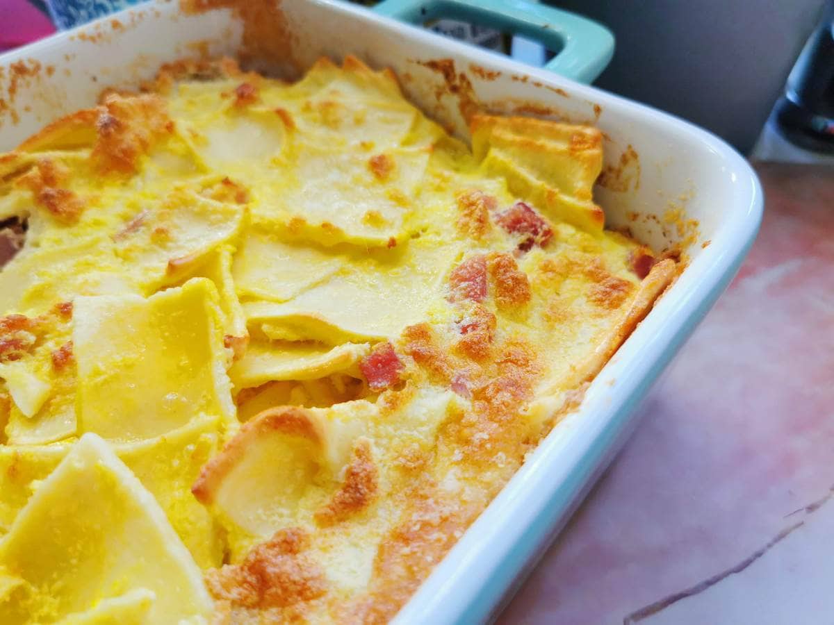 Schinkenfleckerl baked pasta and ham casserole.