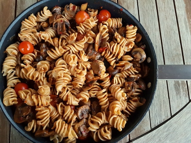 organic wholewheat pasta with nduja and mushrooms